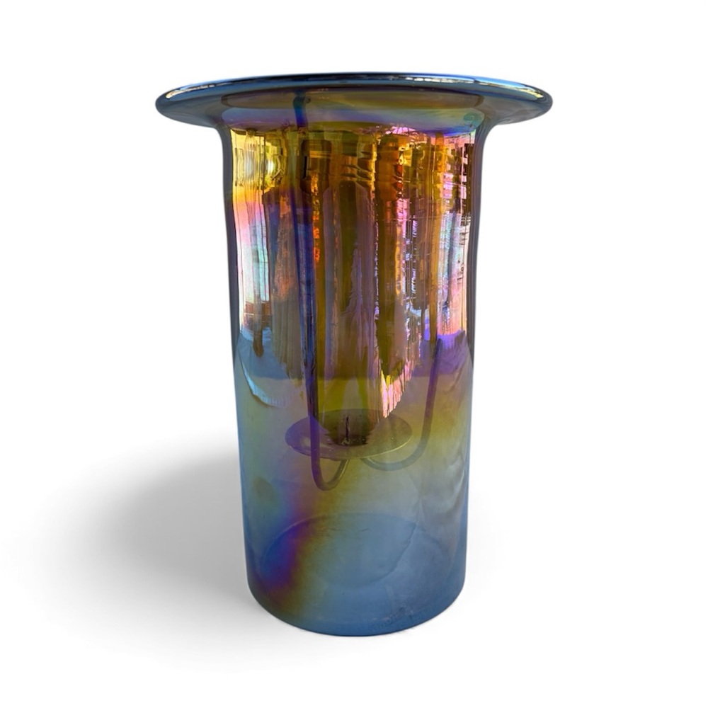 Crate & Barrel Iridescent Luster Hurricane Glass Candle Holder & Metal Insert
